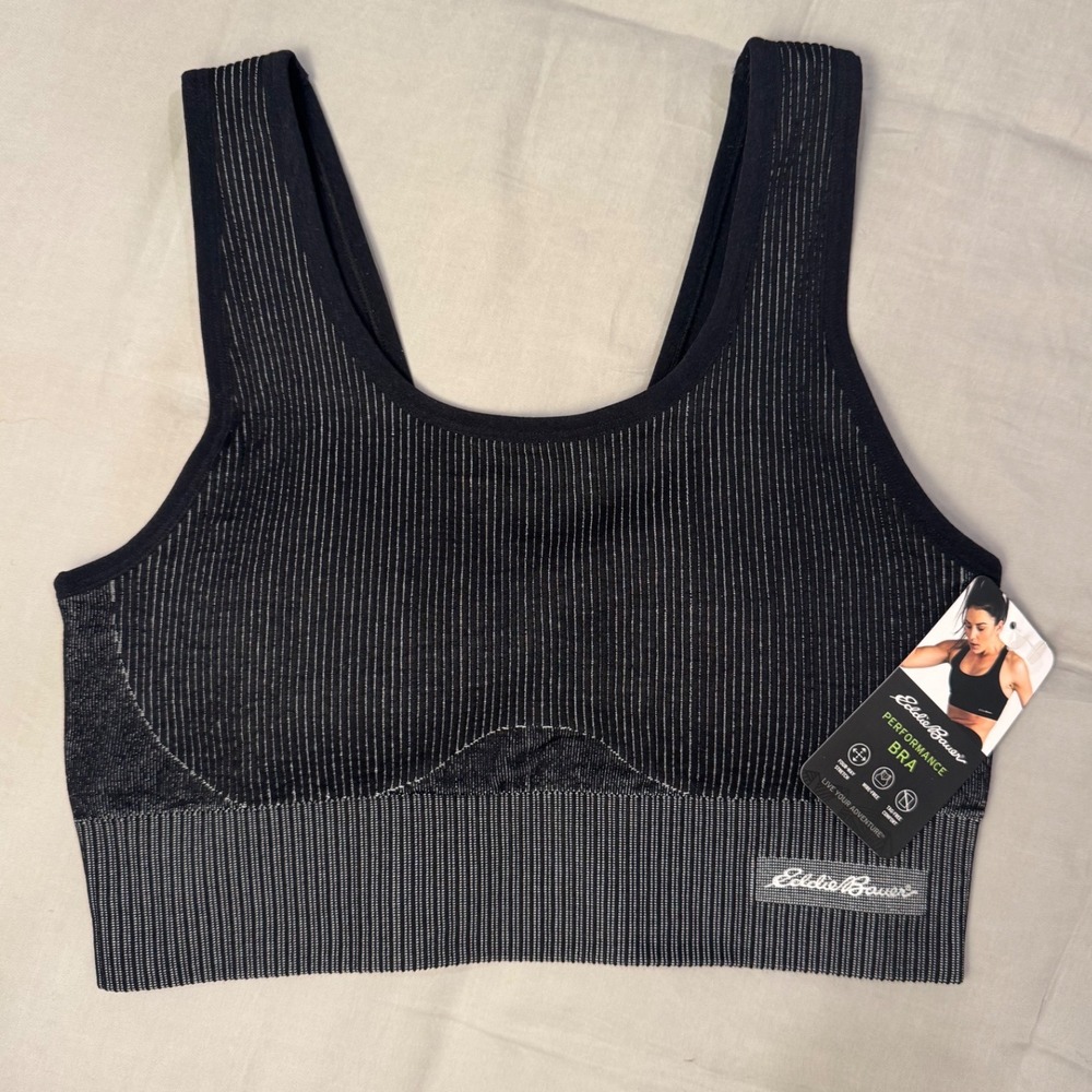 Eddie Bauer Performance‎ Sports Bra Black Striped Seamless Stretch Womens Size L